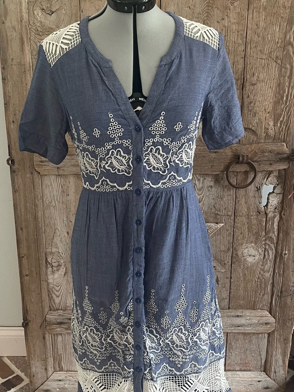 Moulinette Soeurs Blue Dress with White Lace Embroidery